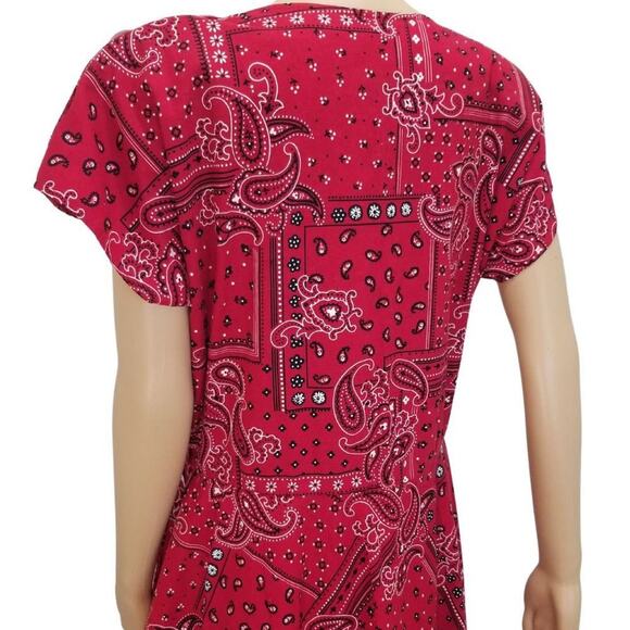 80s Midi Red Kerchief Print Dress Button Short Sleeve Crew Neck VINTAGE Size XL - Picture 5 of 8